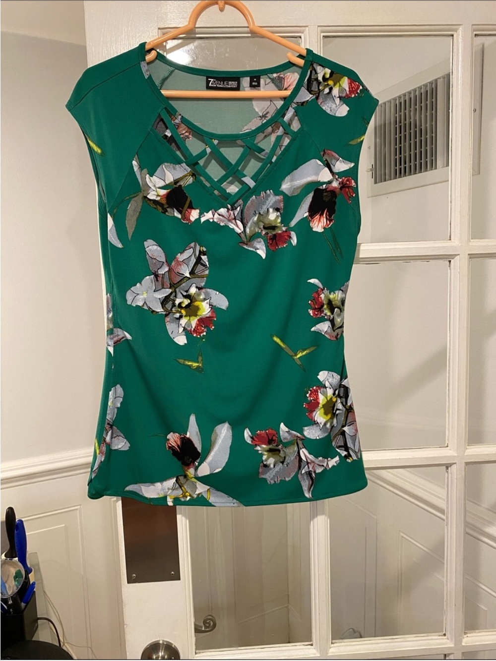 Green Floral Lattice-Neck Blouse by Zenergy